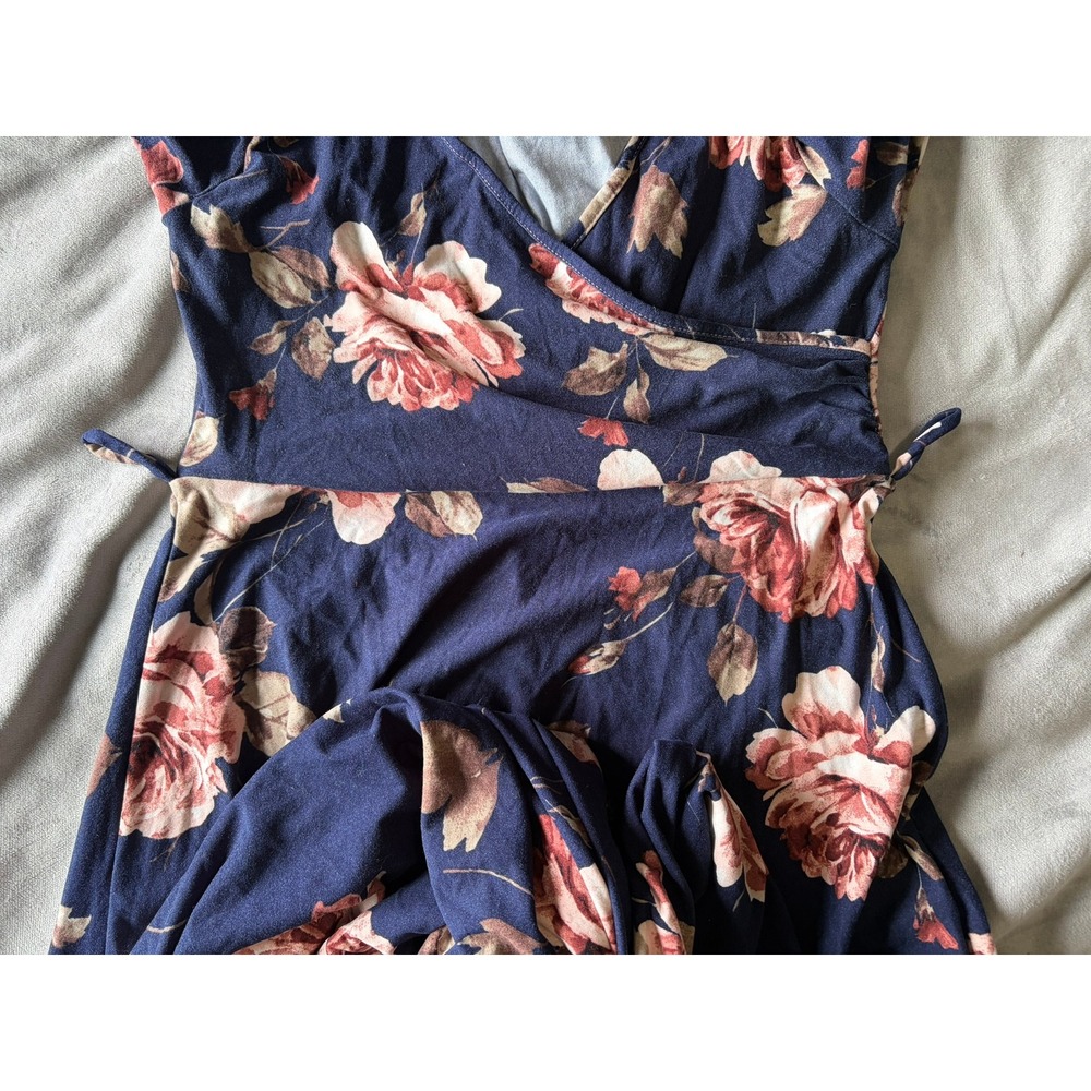 Mother Bee Maternity Navy Floral Faux Wrap Maxi Dress Pink Rose Print - Picture 4 of 4